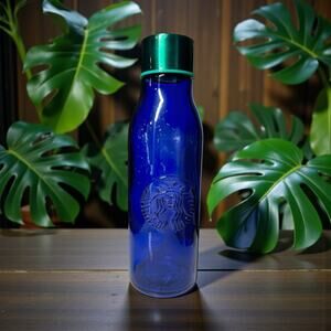 Starbucks Cobalt Blue Siren Recycled Glass Water Bottle 20oz w Cap EUC Scratches